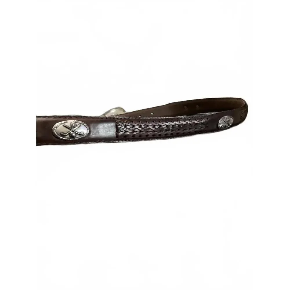 Vintage Brown Full Grain Leather Golf Belt with Silver Golf Emblems Size 36